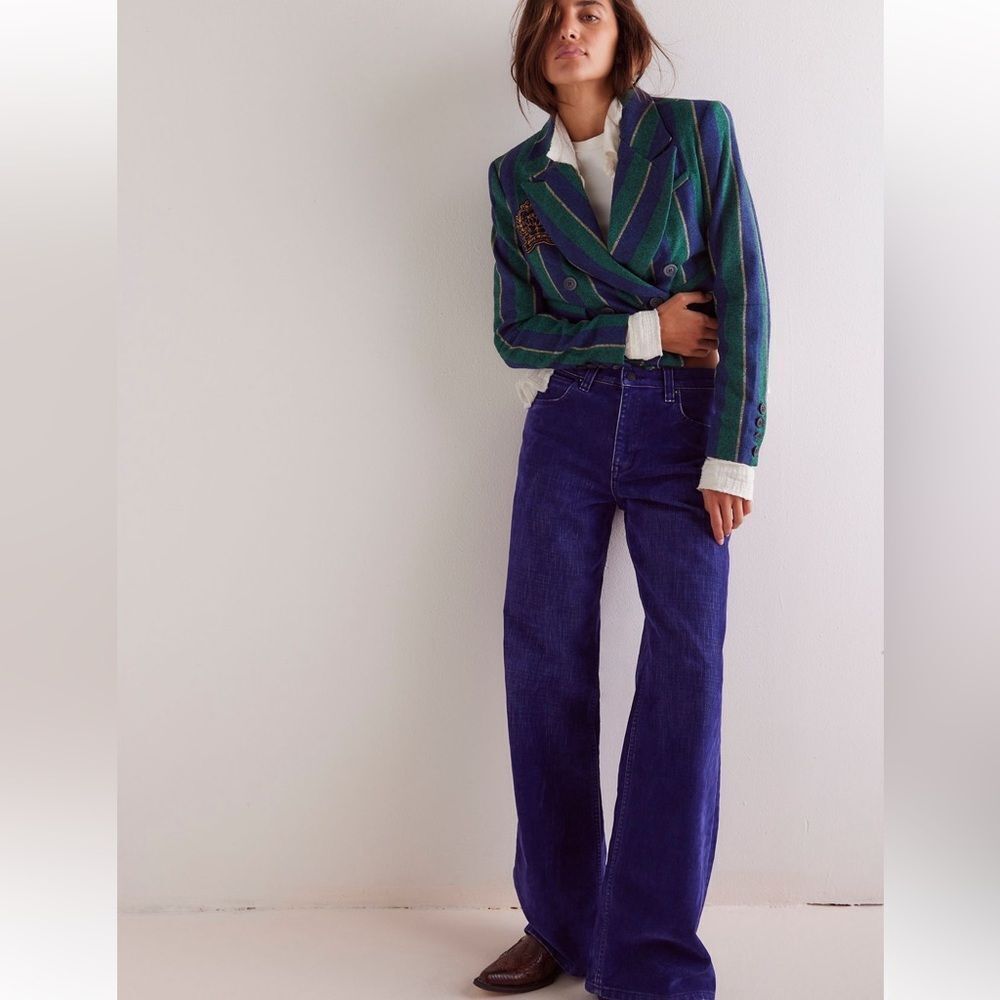 Free People We the Free Tinsley Baggy High Rise Flocked Jeans Twilight Blue - Picture 7 of 14